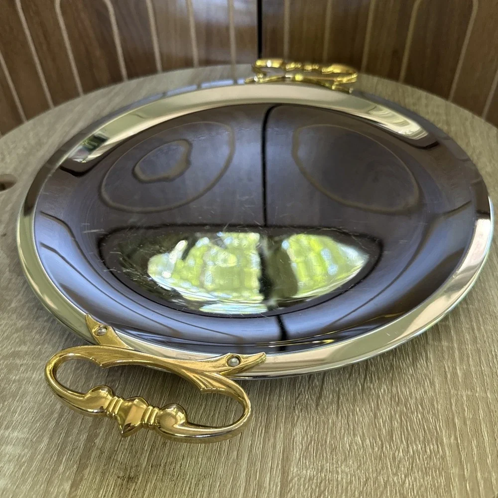 VINTAGE KROMEX USA CHROME ROUND BUTLERS SERVING TRAY GOLD TONE HANDLES Authentic